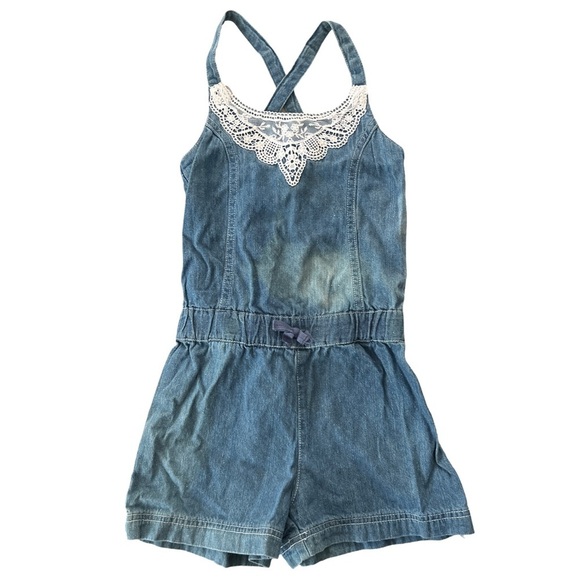 YOUNG HEARTS • Denim Blue Kids Lace Detail Romper - Picture 1 of 3